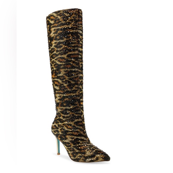 Betsey Johnson Shoes - Betsey Johnson Brea Leopard Rhinestone Tall Boots NIB Stiletto Pointed Toe